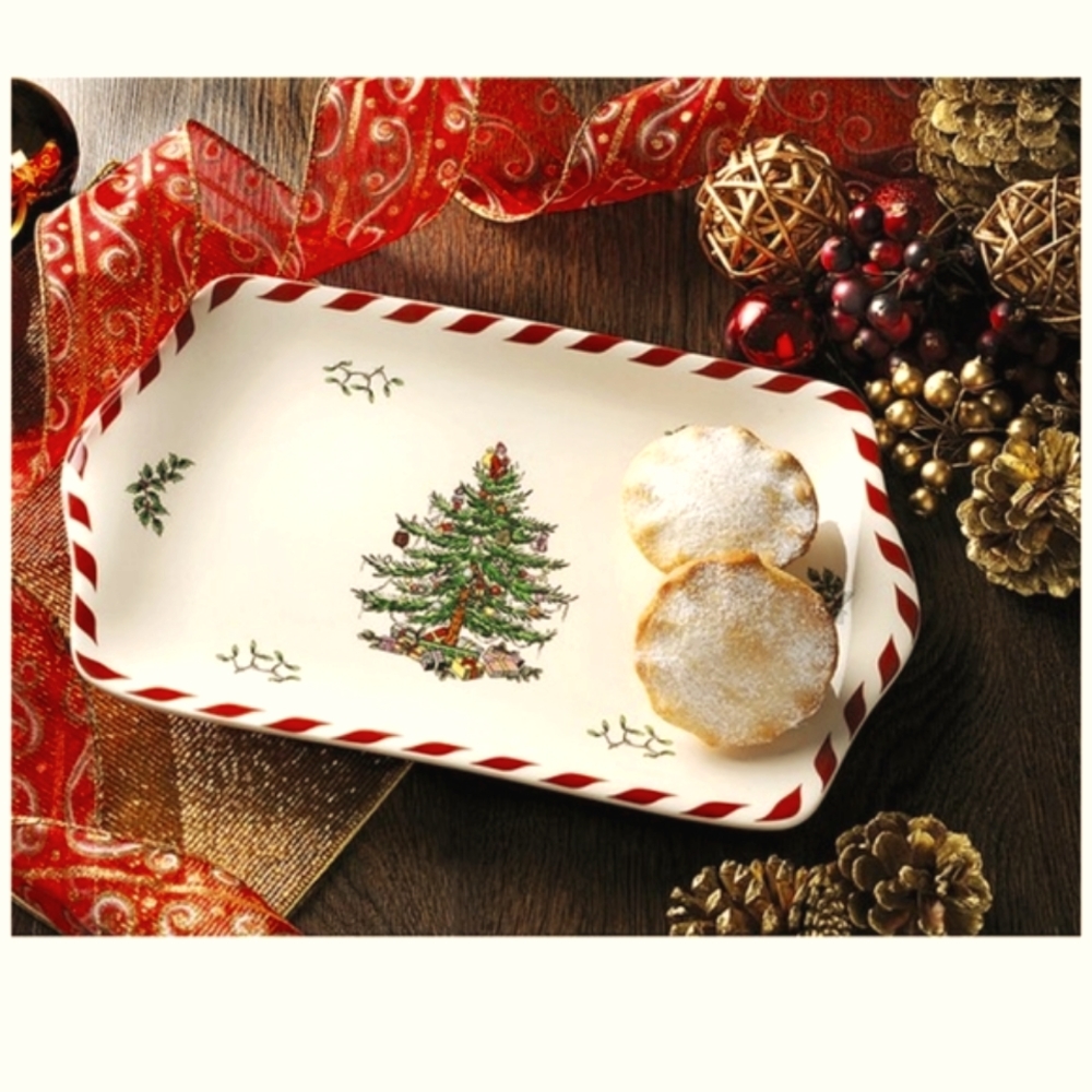 SPODE Christmas Tree Peppermint 12" Dessert Snack Tray. Fine Porcelain